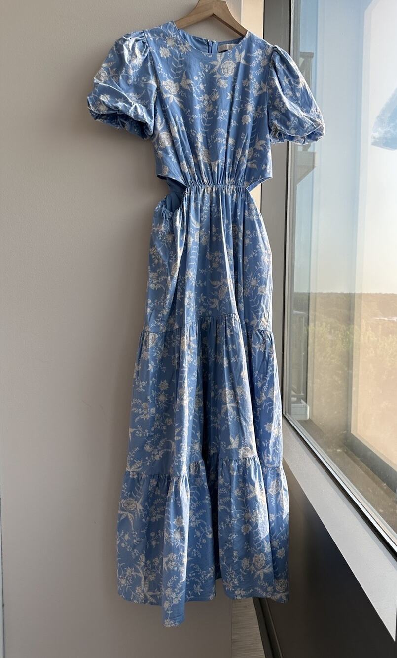 WAYF Maxi Dress Blue White Floral Puff Sleeve Tiered Ruffle Lined S